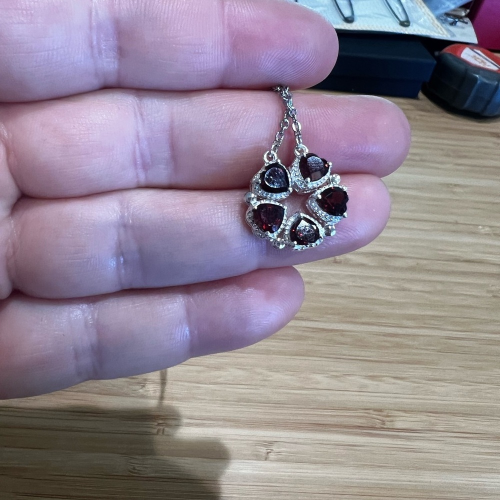 Red Heart Crystal Flower Necklace – Silver Tone